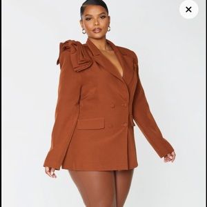 Plus Chocolate Woven Bow Double Breasted Blazer